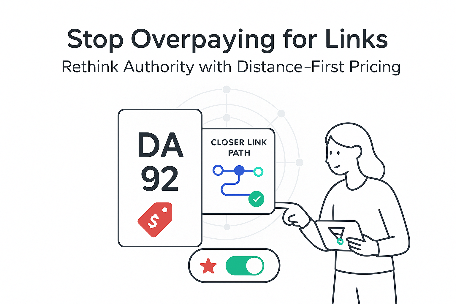 Minimalist tech illustration of link pricing hub with DA 92 authority tag and distance toggle