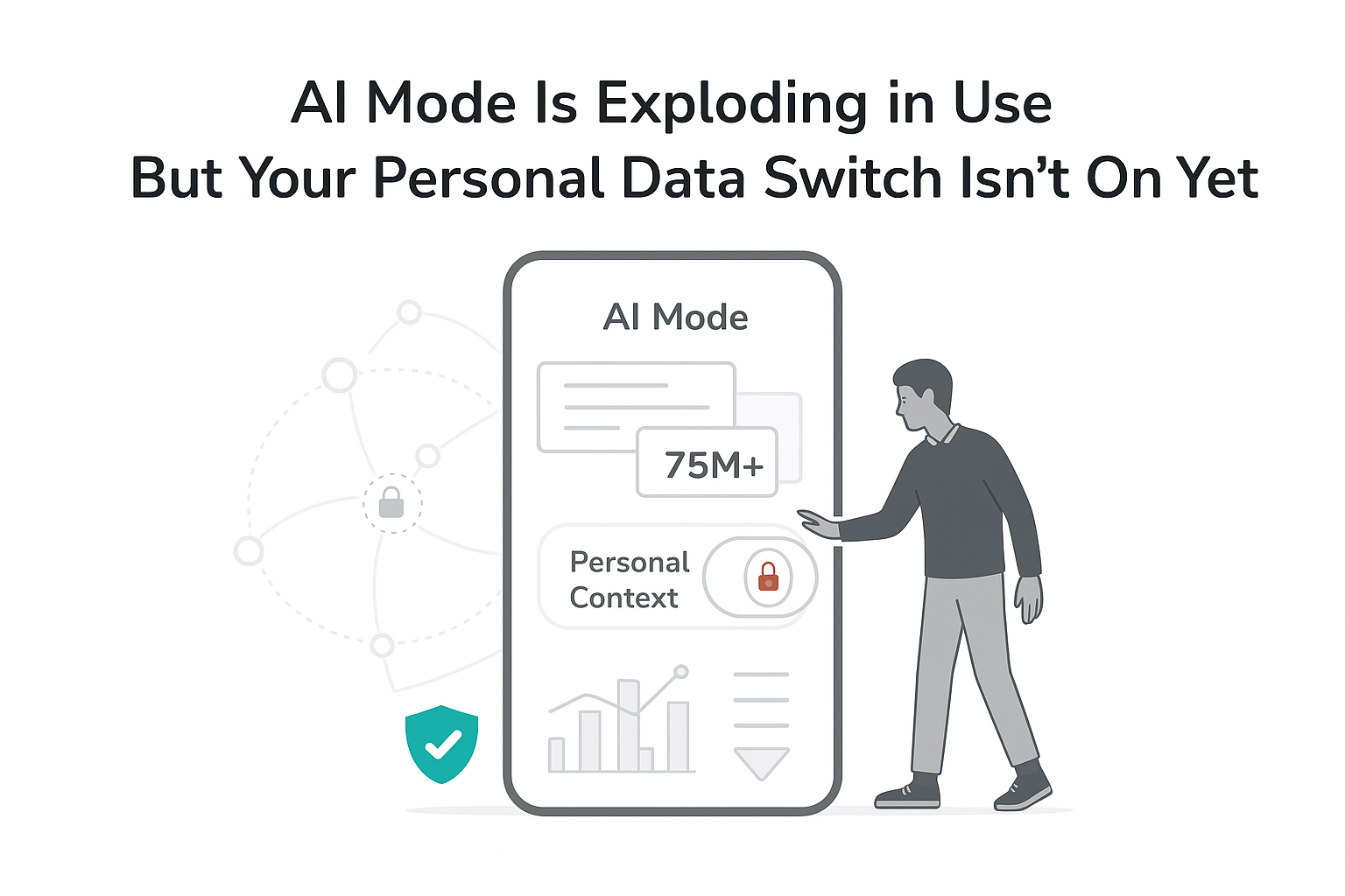 Minimalist smartphone AI mode illustration with disabled personal context toggle locked user hesitating analytics