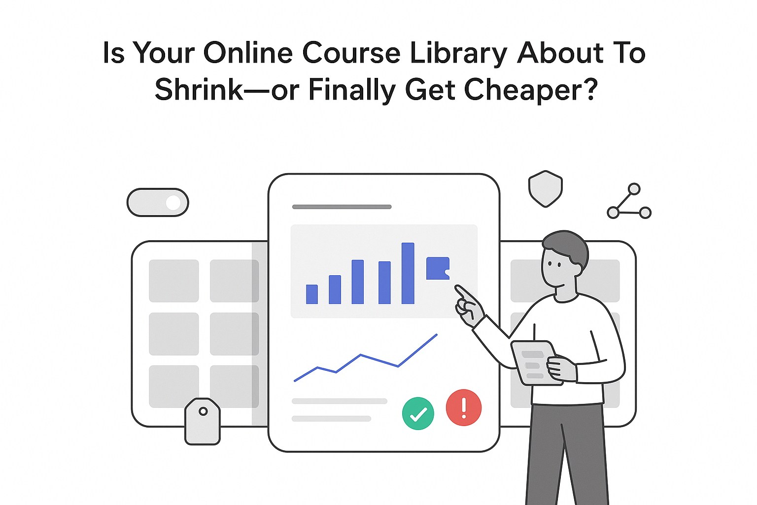 Minimalist illustration of person toggling merged online course library dashboards with analytics badges and tablet