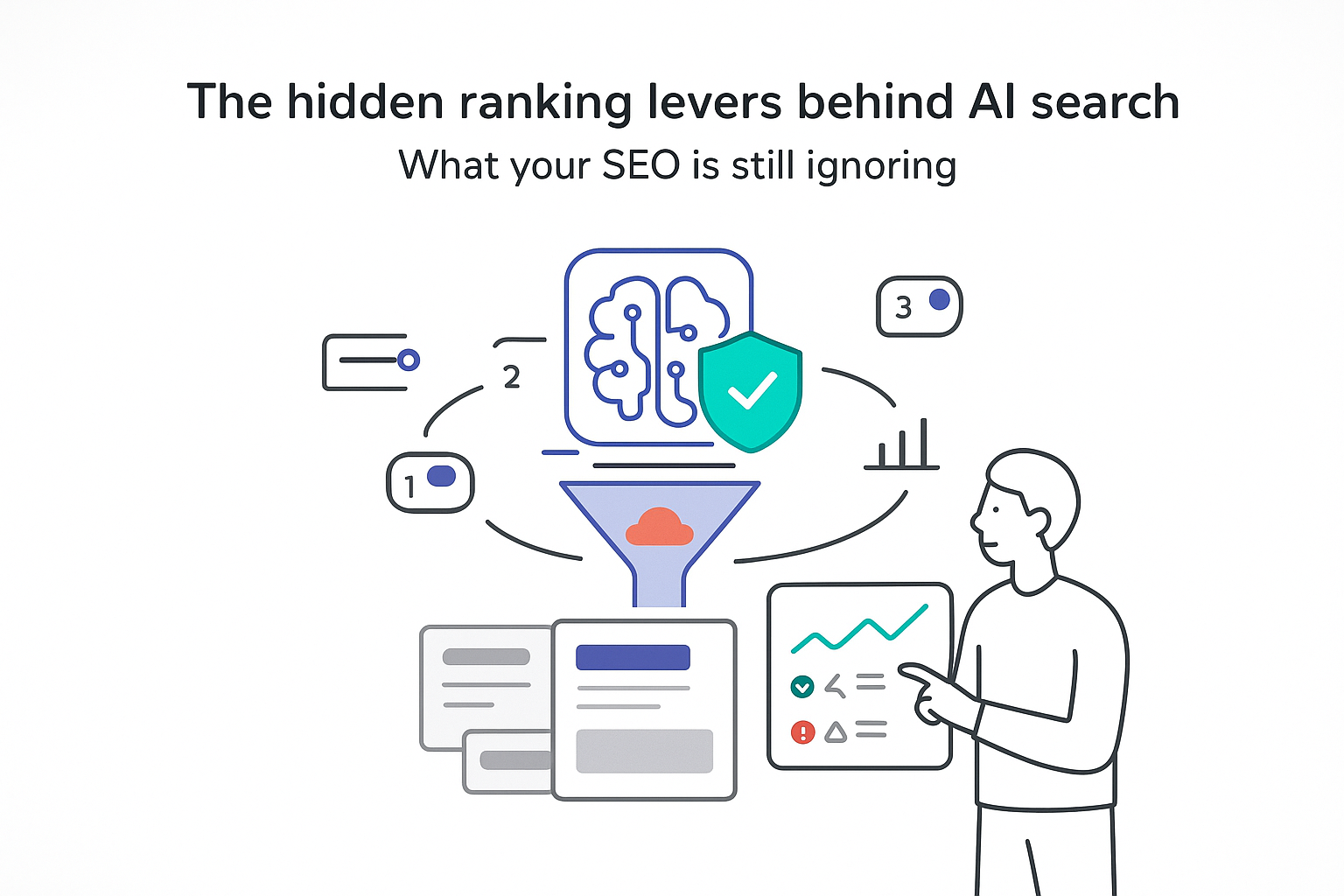 Minimalist AI search brain funnel with shield filtering hallucinations analytics panel highlighting SEO ranking levers
