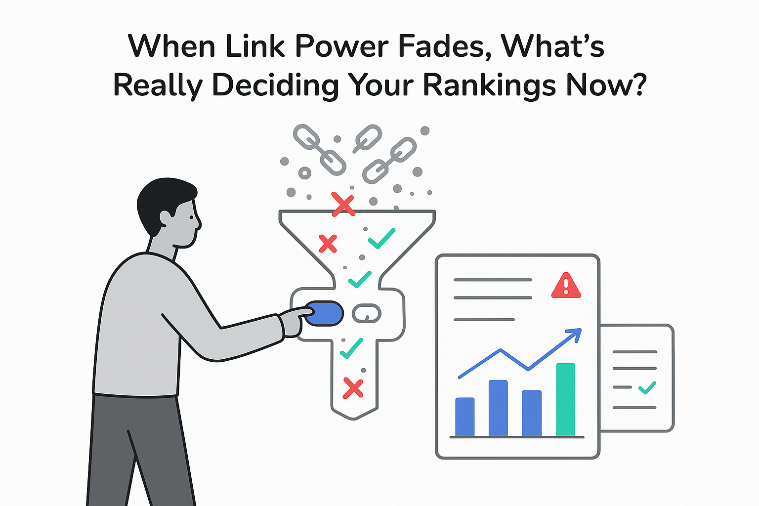 Minimalist tech illustration ranking control hub funnel with trust filter toggle person pointing chart report