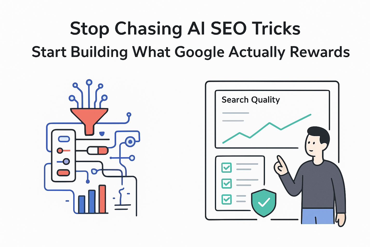 Minimalist split illustration left chaotic AI SEO hacks right calm search quality dashboard person pointing