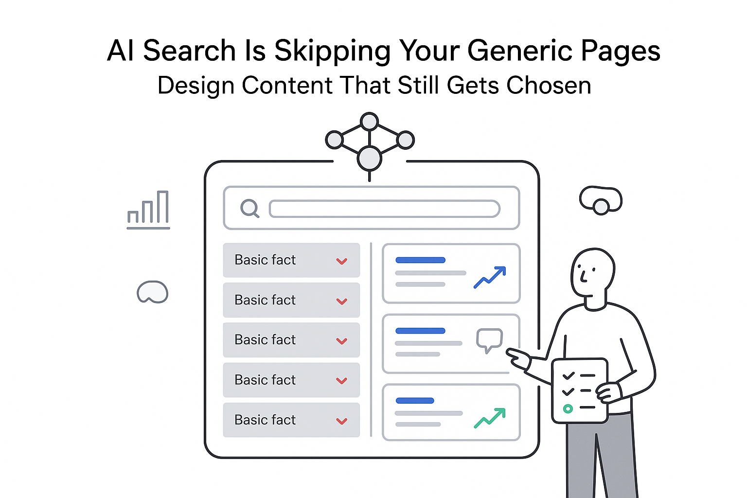 Minimalist tech illustration of AI search skipping generic pages favoring quality content cards with reviewer