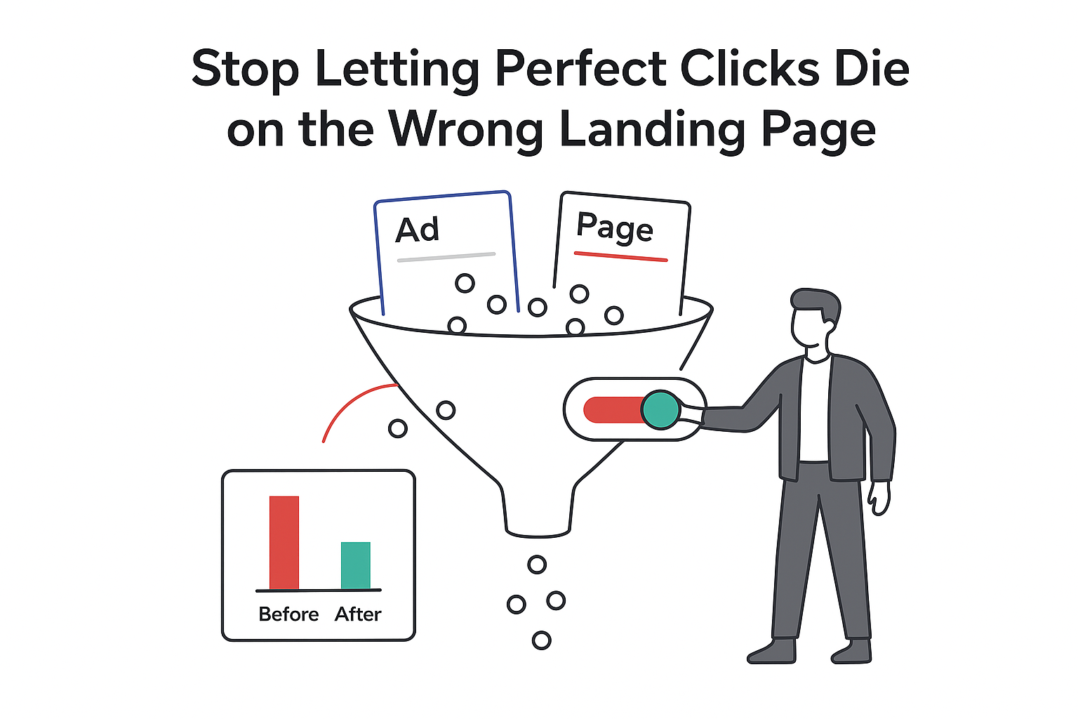 Minimalist funnel illustration showing ad to landing page mismatch leaking clicks and improved conversions