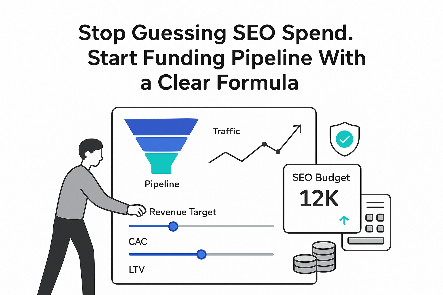 Minimalist analytics dashboard with funnel pipeline revenue target slider and SEO budget card