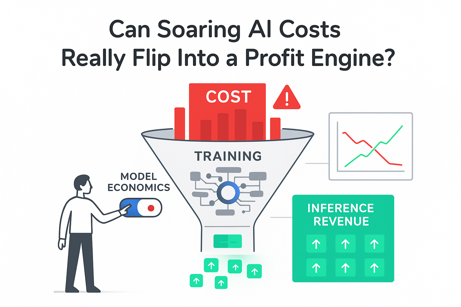 Minimalist funnel diagram showing AI costs to inference revenue pipeline training model economics toggle analytics