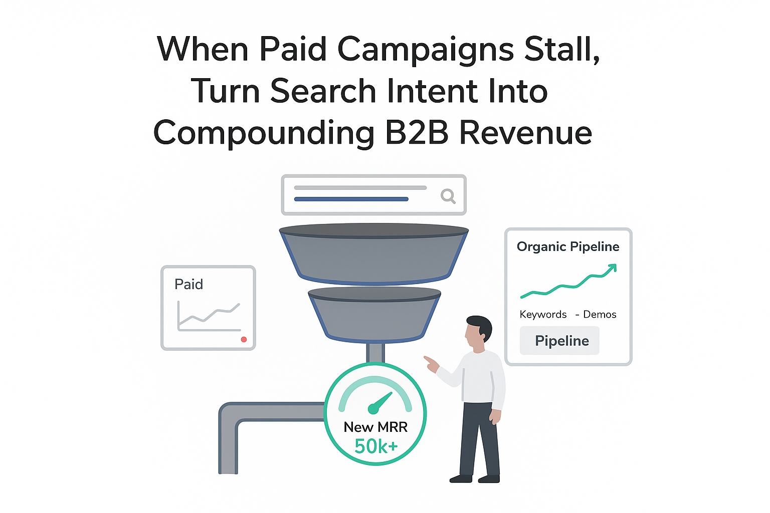 Minimalist vector SEO funnel feeding MRR gauge organic and paid panels with marketer