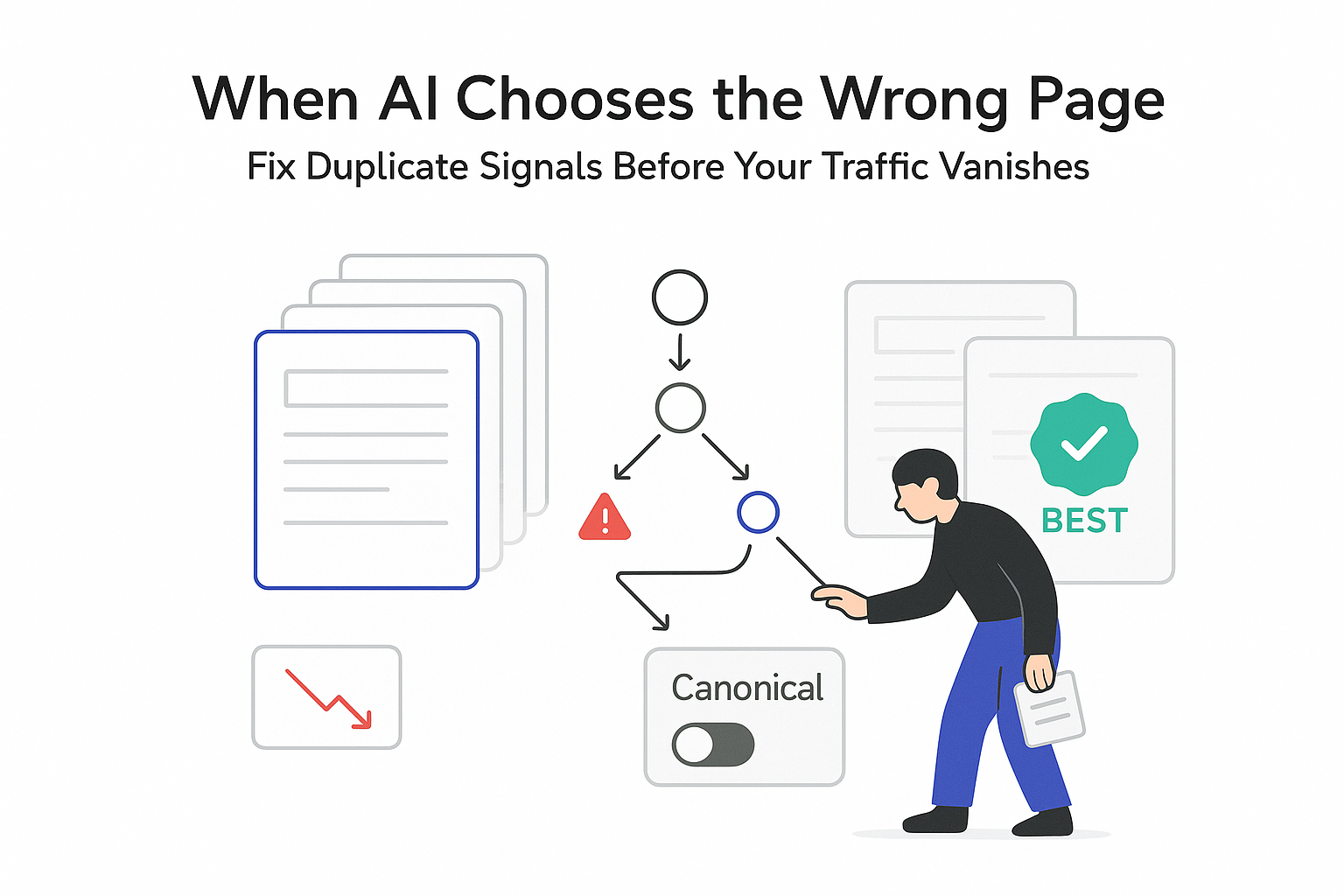 AI chooses wrong page illustration showing duplicate signals canonical toggle off human correcting decision