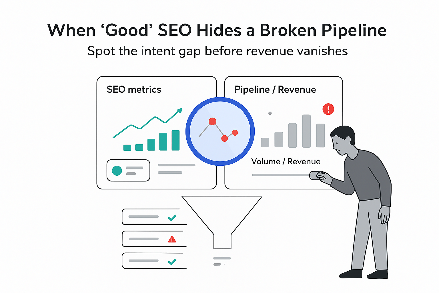 Minimalist analytics illustration showing SEO metrics AI intent lens revealing intent gap and broken pipeline