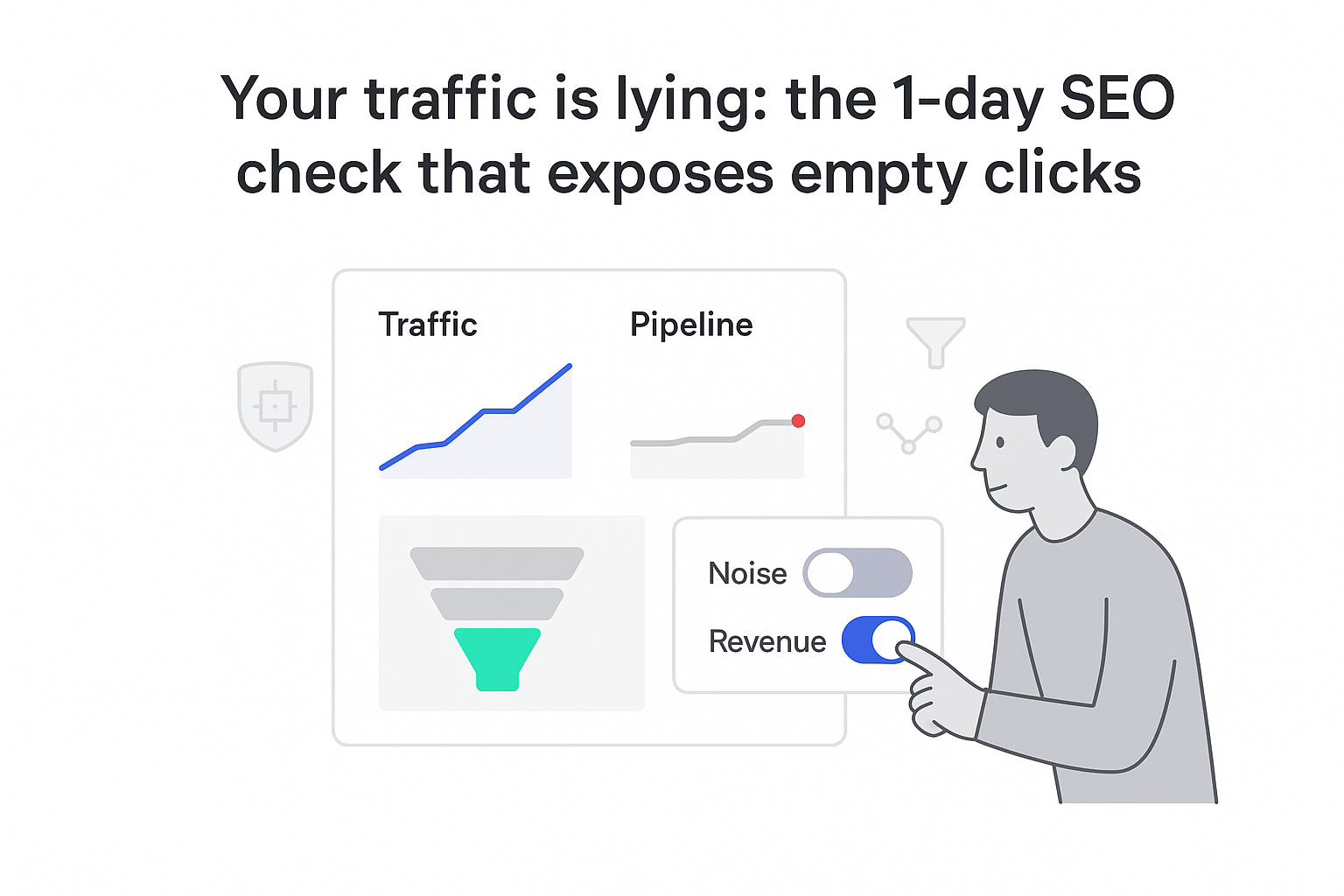 One day SEO check minimalist analytics dashboard with CEO toggling revenue exposes empty clicks