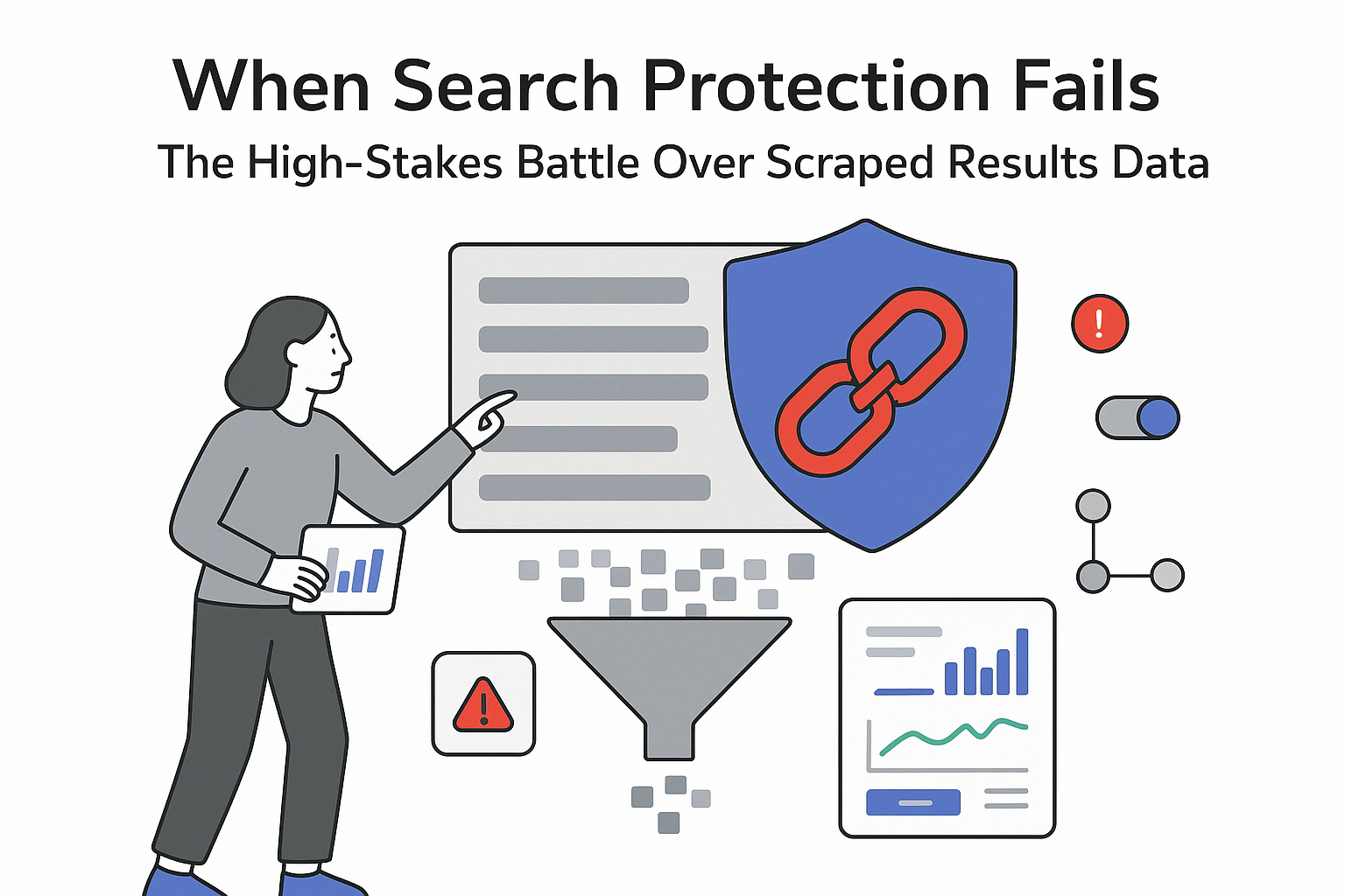 Minimalist illustration of broken shield bypassing scraped search results into analytics dashboard with person pointing
