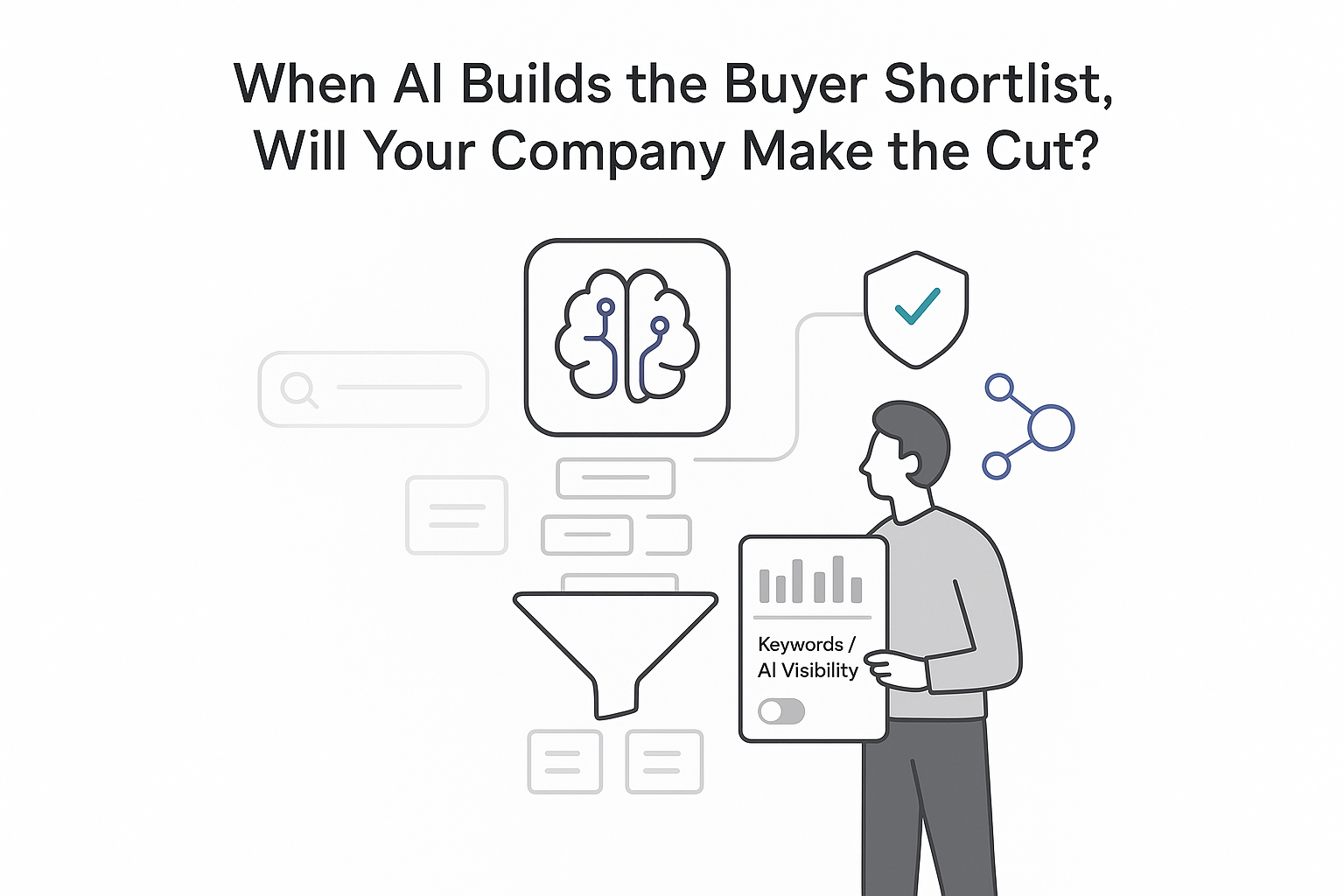 Minimalist AI hub funneling content into answer card shield quote bubble professional toggling AI visibility