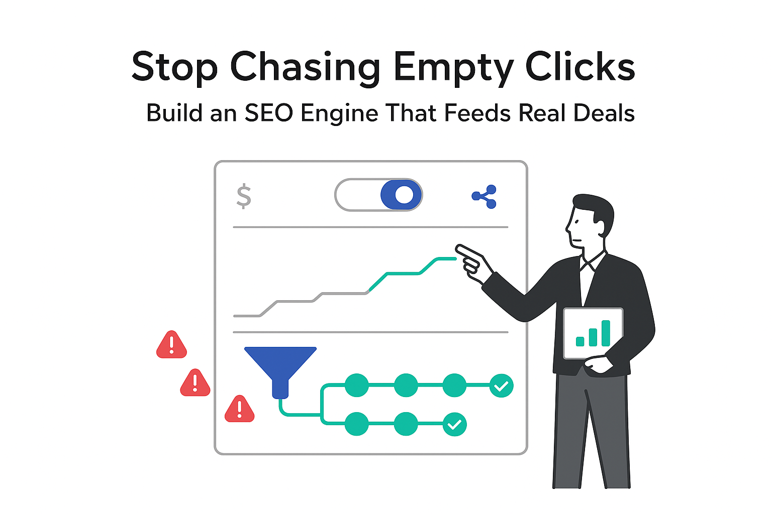 Minimalist analytics dashboard showing pipeline toggle activated funnel feeding SEO engine generating real deals