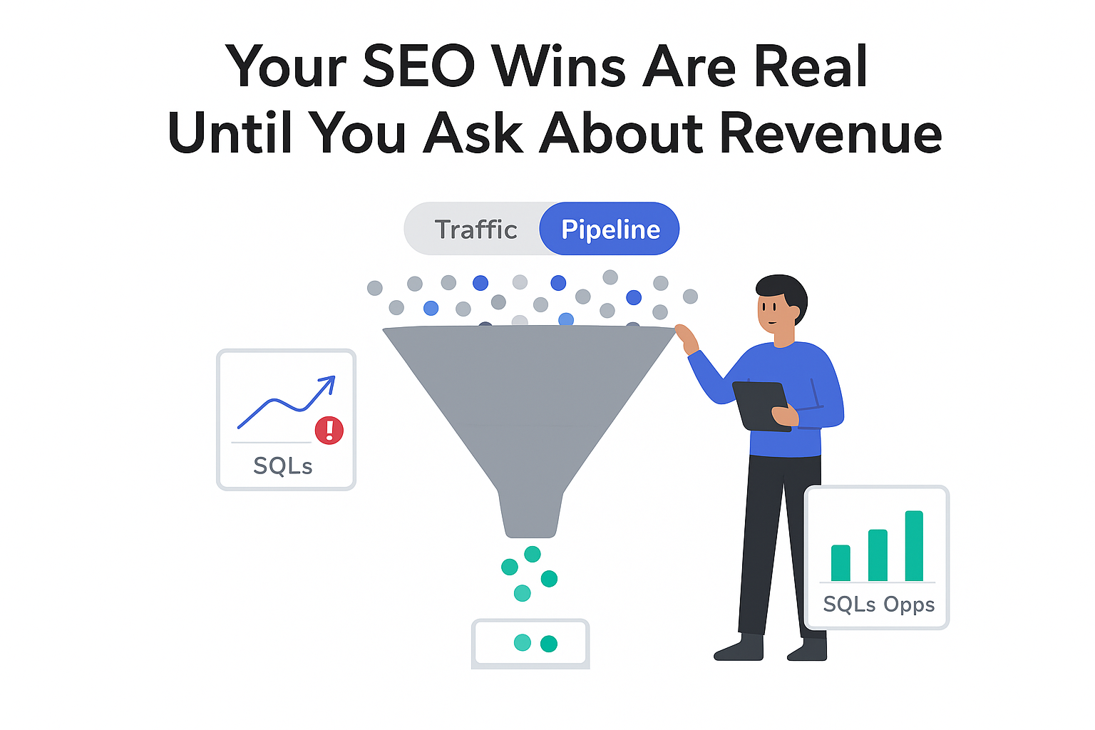 Minimalist analytics funnel dashboard with B2B marketer toggling traffic and pipeline converting visitors to revenue