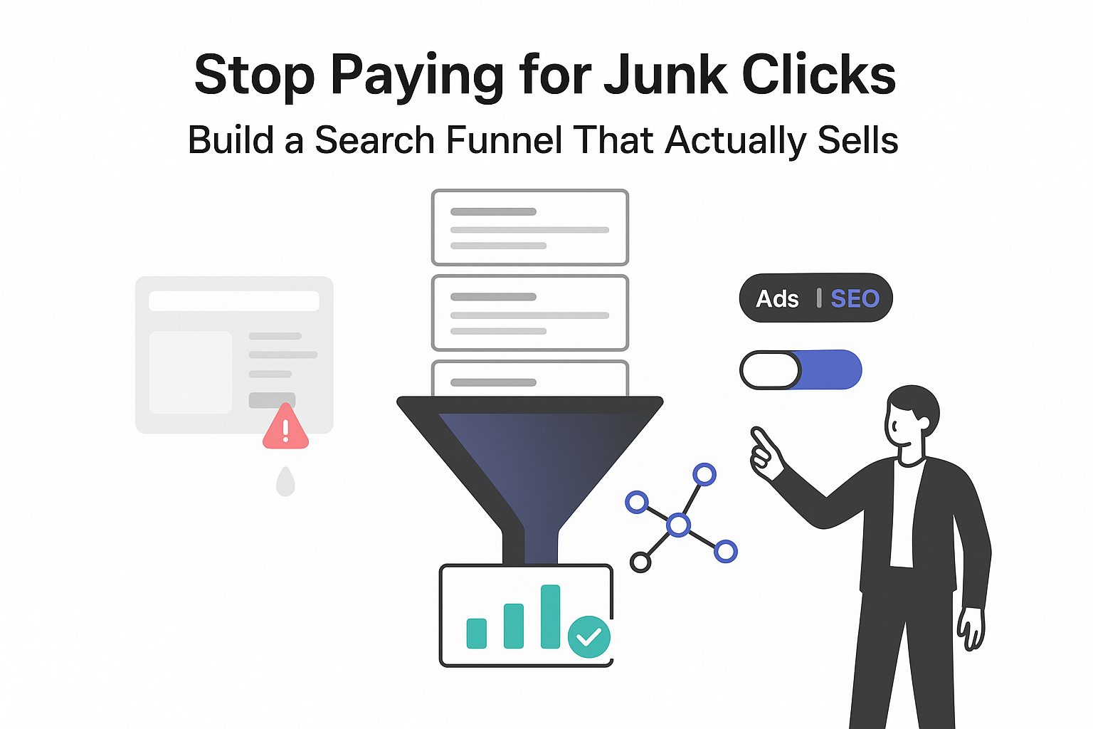 Search funnel vector showing SEO over ads with pipeline metrics and B2B professional pointing