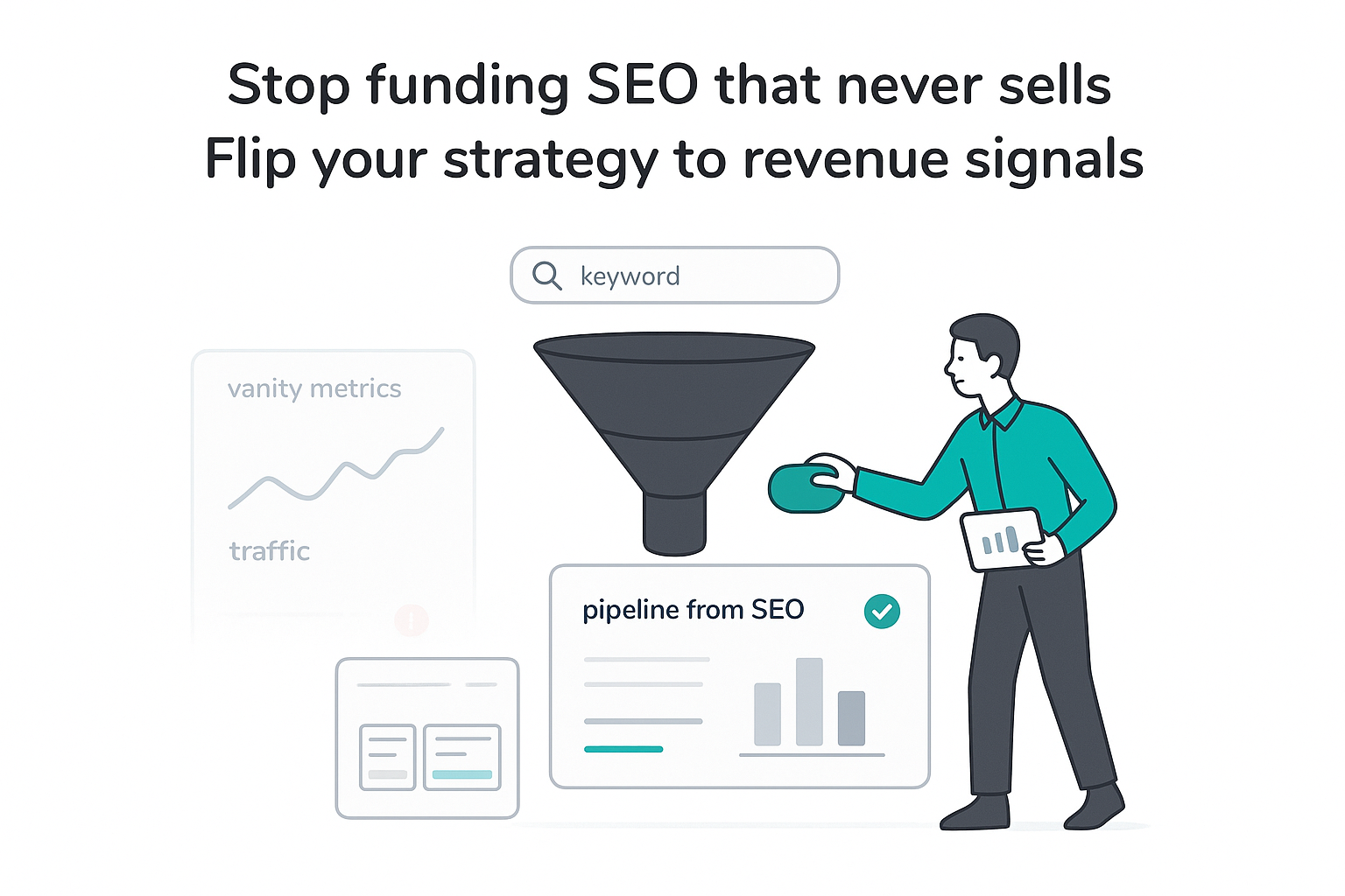 Minimalist tech illustration funnel showing SEO to pipeline revenue signals with toggle and B2B professional