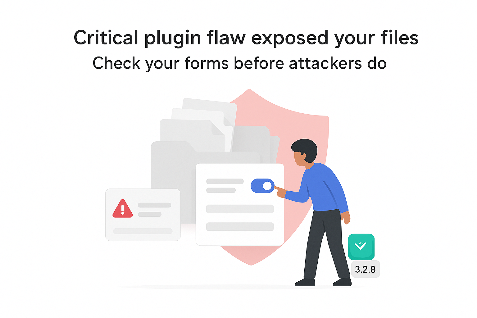 Minimalist tech illustration of plugin flaw exposing files with red danger shield and security report