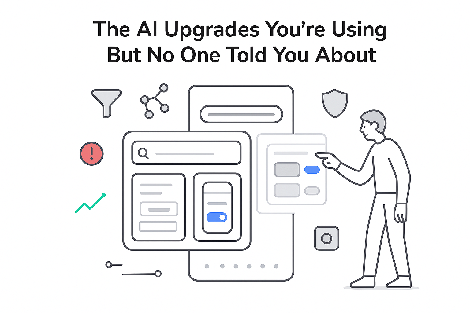 Minimalist AI control hub UI illustration with floating icons and person pointing at missed updates