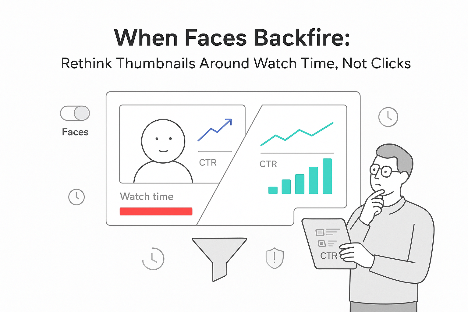 Minimalist video analytics panel comparing face and no face thumbnails prioritizing watch time not clicks