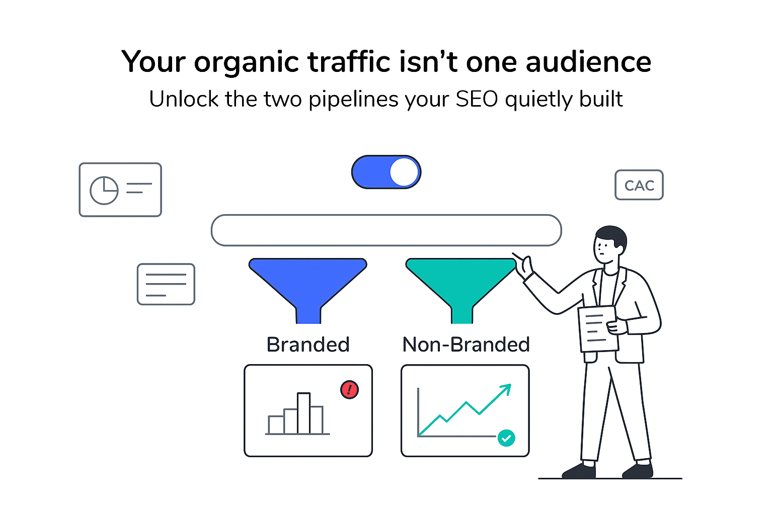 Minimalist illustration search bar split into Branded and Non Branded funnels feeding SEO pipelines