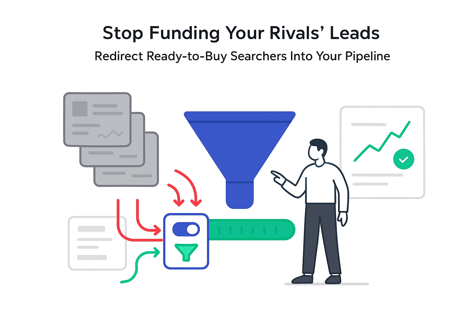 Minimalist SEO funnel and pipeline redirecting competitor leaks into analytics panel with control toggle