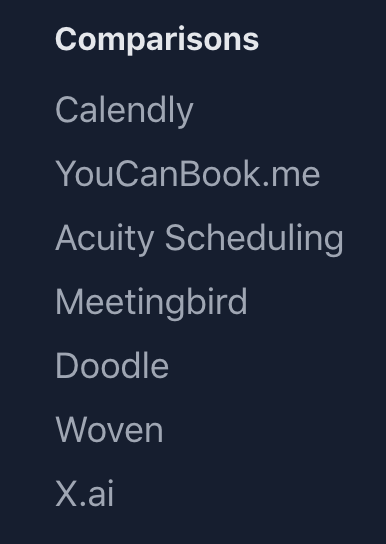 Product comparison menu showing comparison page navigation