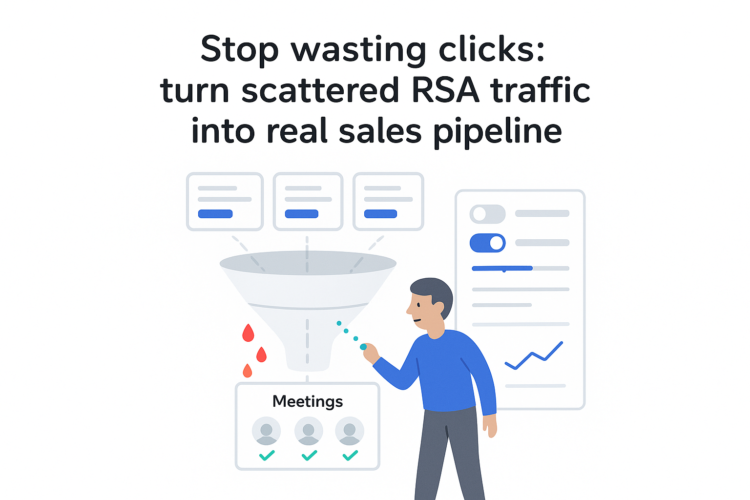 Minimalist B2B pipeline funnel turning ad clicks into qualified meetings with control panel optimization