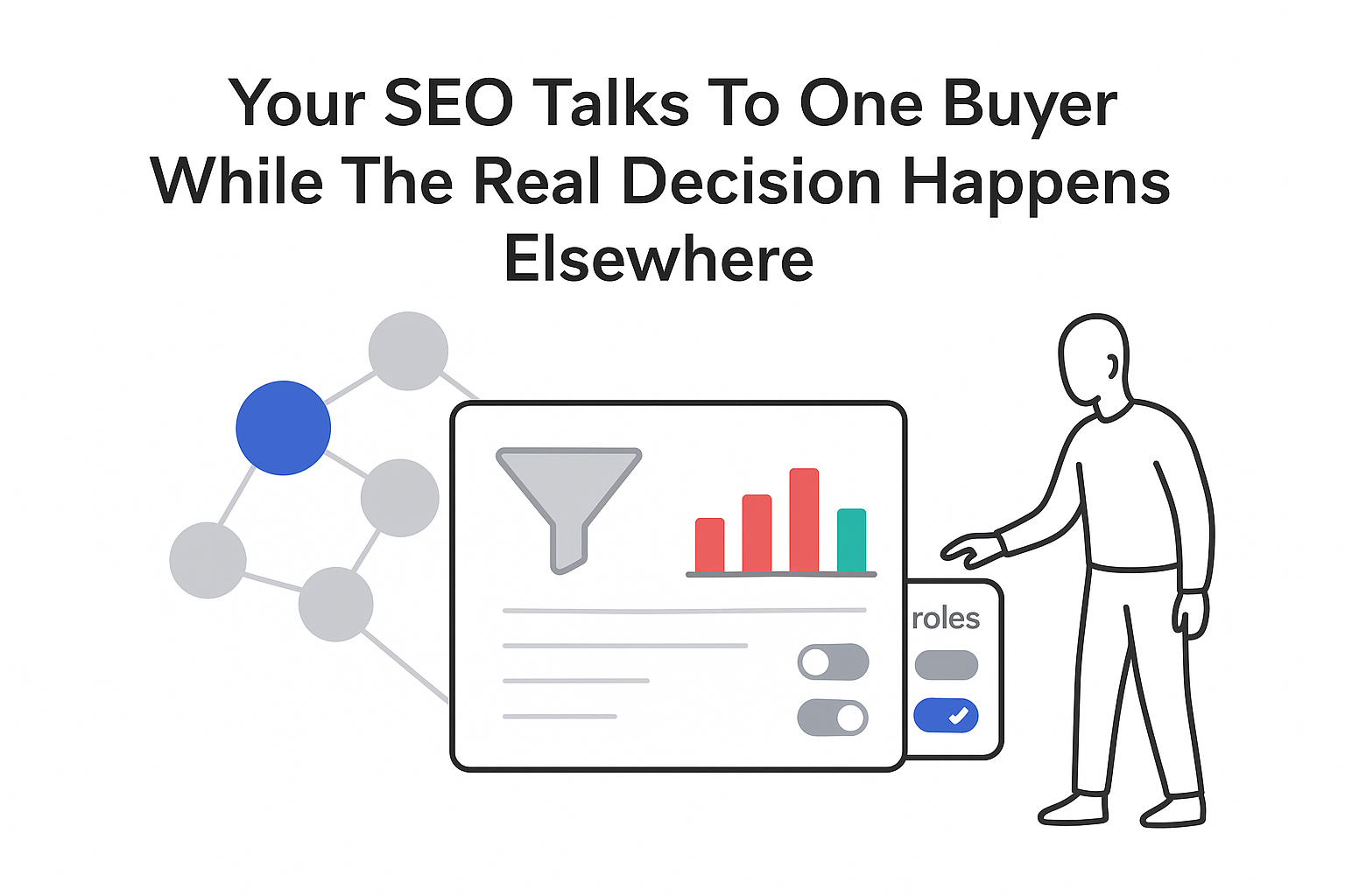 Minimalist tech illustration search analytics panel funnel bars buying committee nodes character tapping roles filter