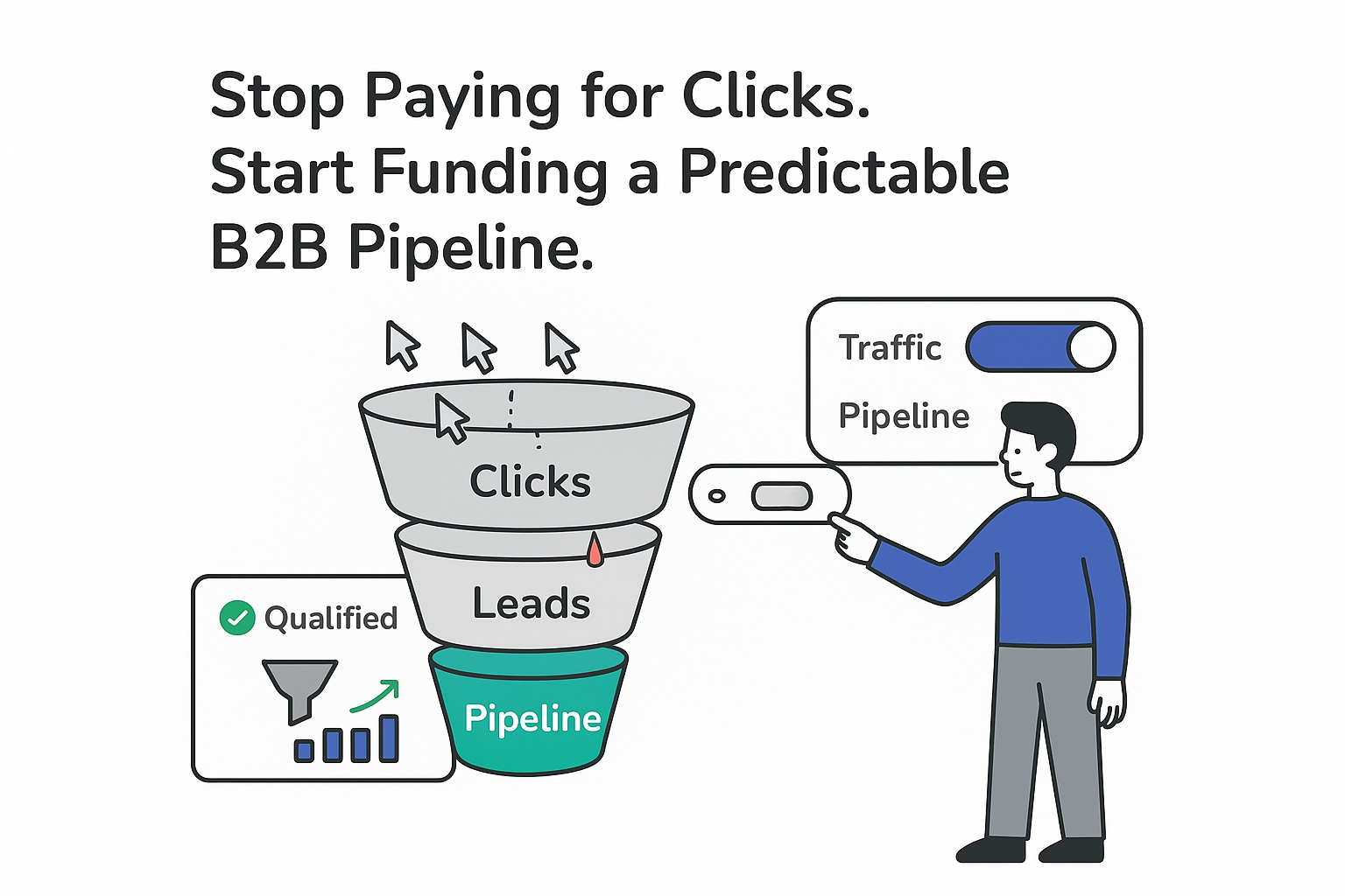 Minimalist tech illustration of B2B conversion funnel clicks leads pipeline marketer toggles to pipeline