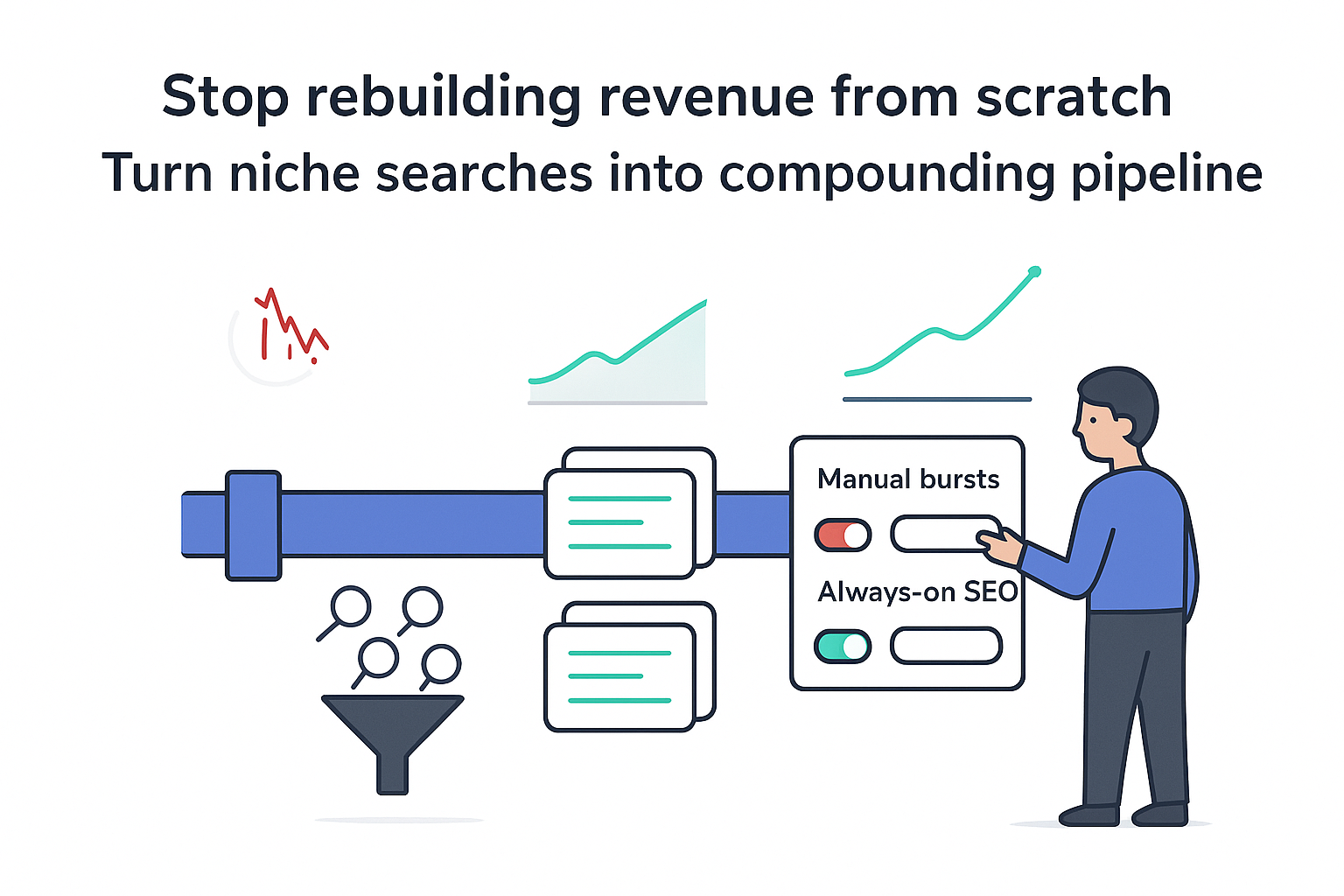 Minimalist illustration of pipeline converting niche searches into compounding deal cards with funnel and SEO