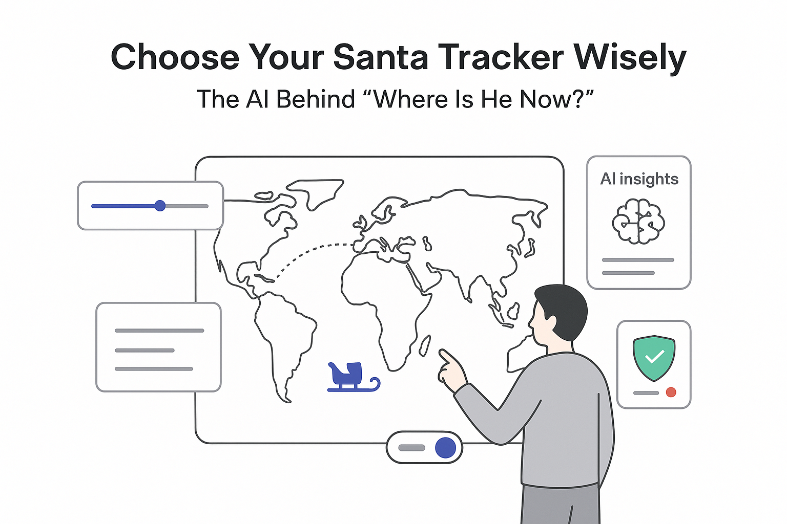 Minimalist AI Santa tracker dashboard with world map sleigh route safety status and toggle