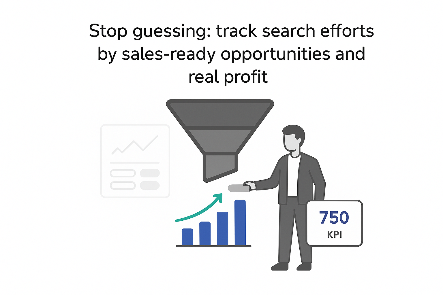Minimalist funnel illustration on white background converting vanity stats into revenue bar chart with KPI