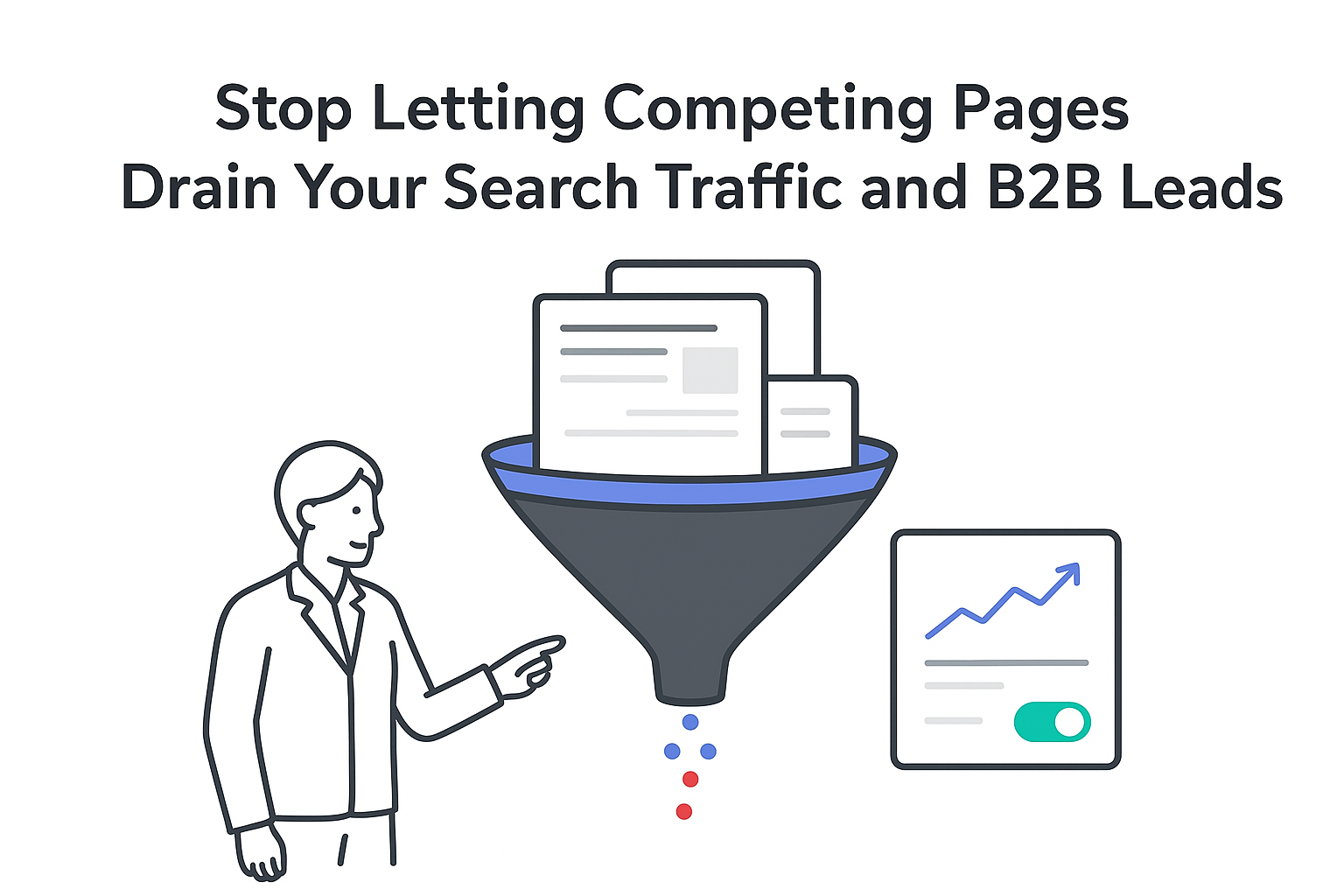 Minimalist illustration of leaking lead funnel overlapping page cards causing keyword cannibalization losing search traffic