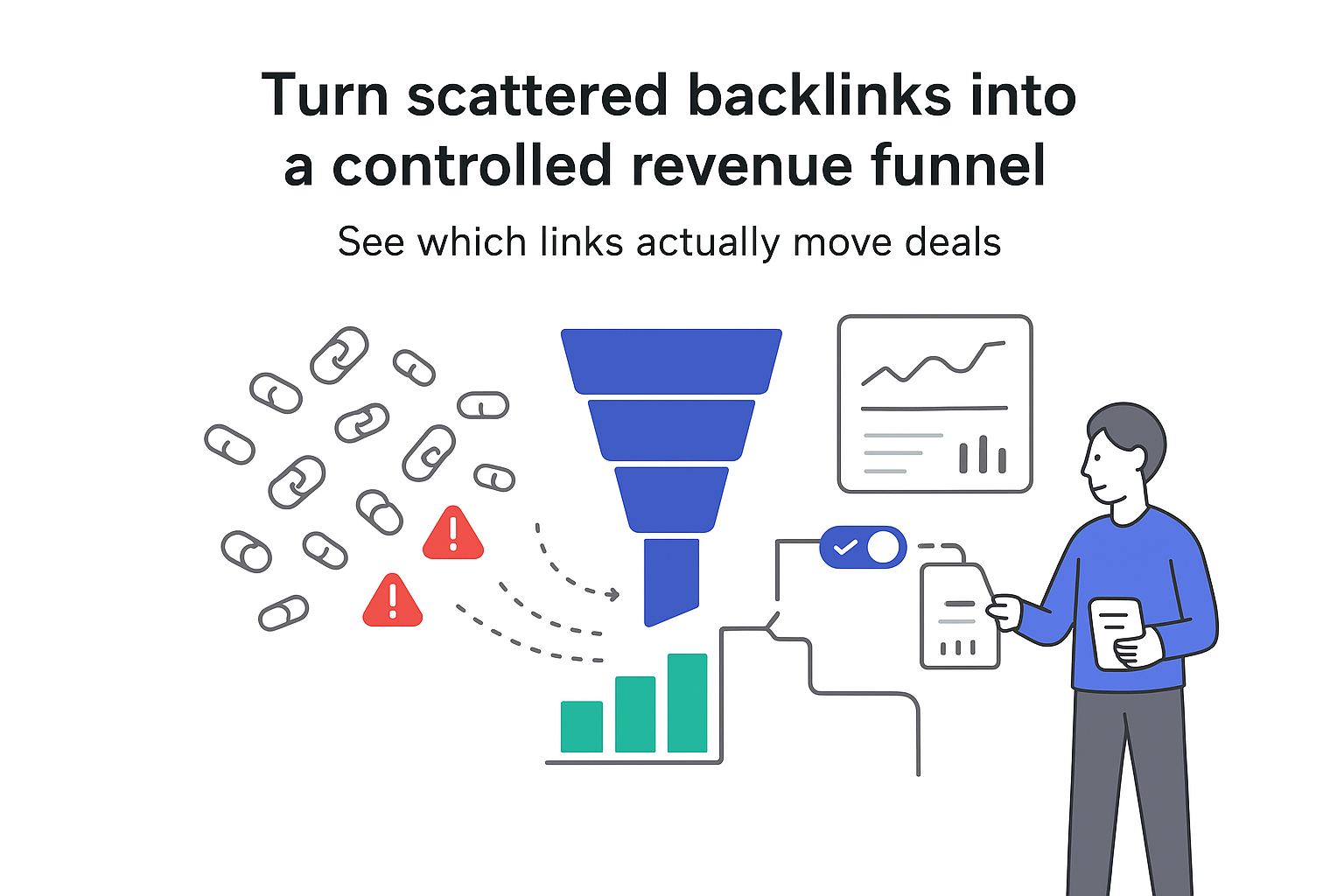Minimalist backlinks illustration turning scattered links into a revenue funnel with pipeline chart and analytics