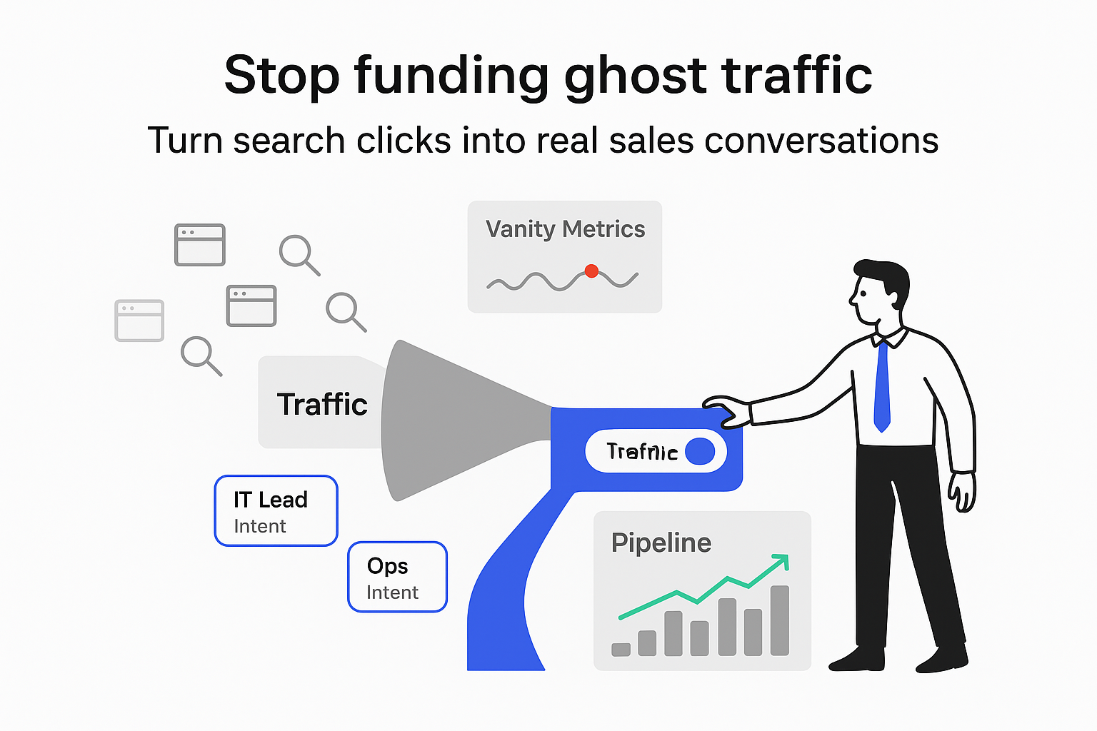 SEO to revenue funnel converting search clicks into sales pipeline with persona chips and toggle