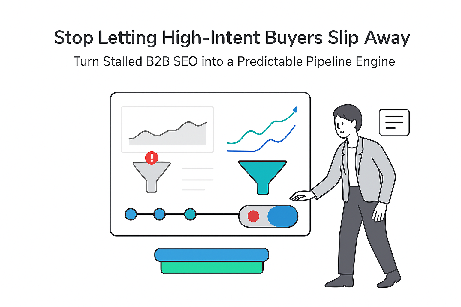 B2B SEO control hub dashboard toggled on showing pipeline qualified leads and professional activating switch