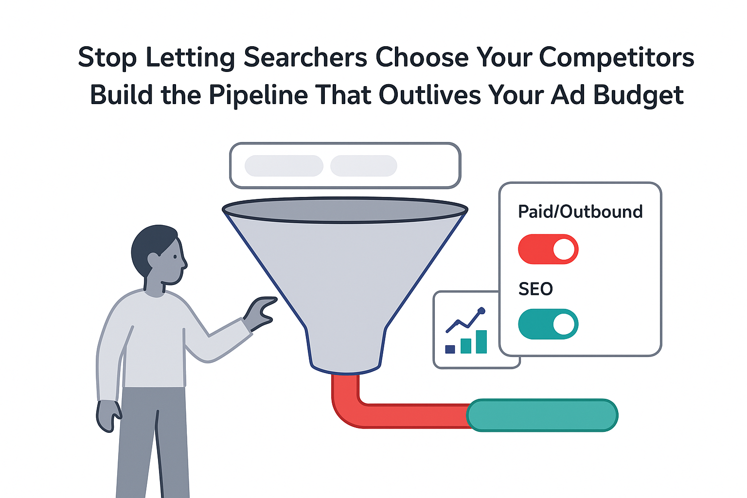 Minimalist marketing funnel illustration with search bar paid ads toggle SEO toggle analytics pipeline