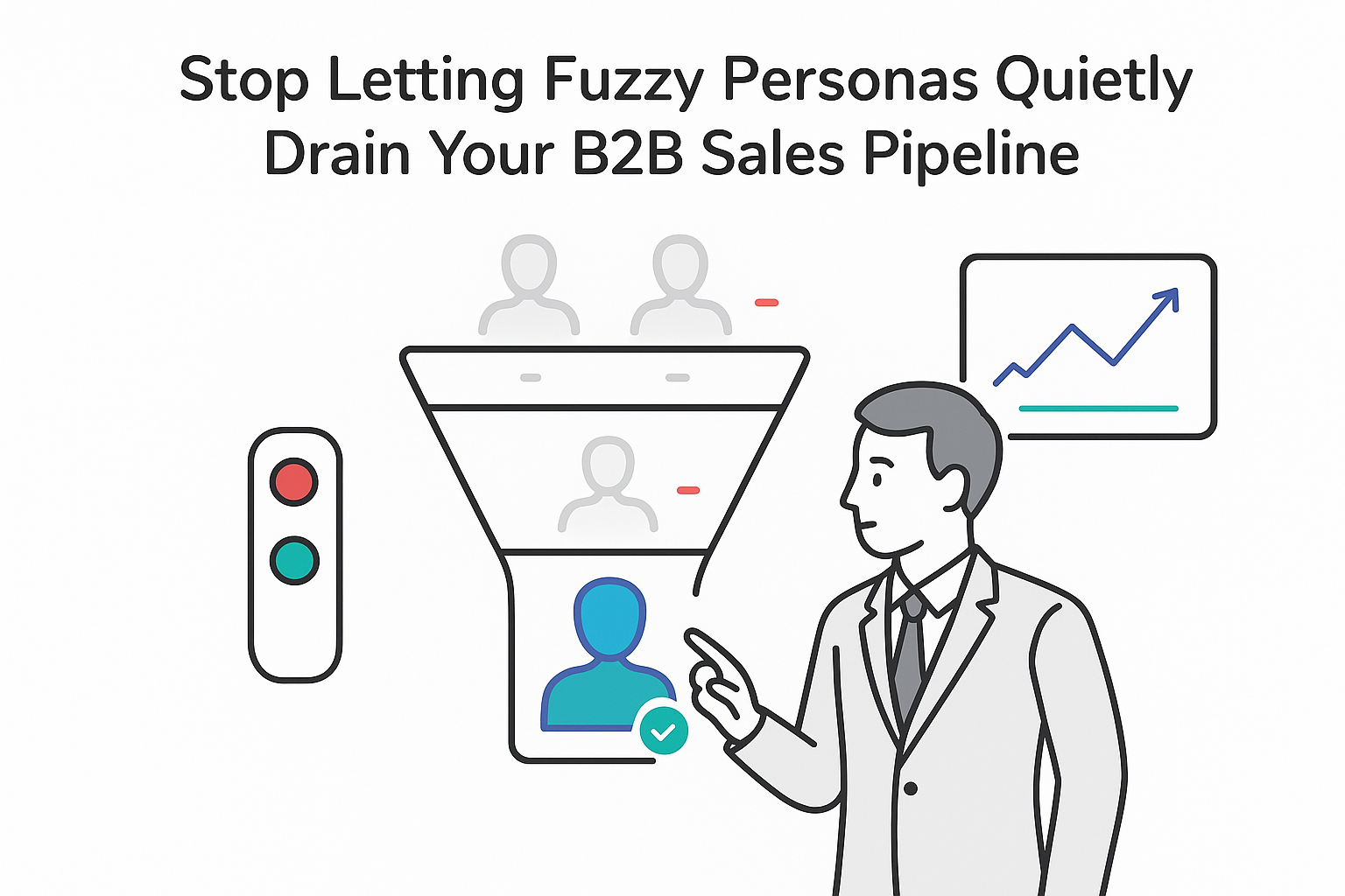 Minimalist illustration of B2B sales funnel with fuzzy personas leaking and tuned persona improving revenue