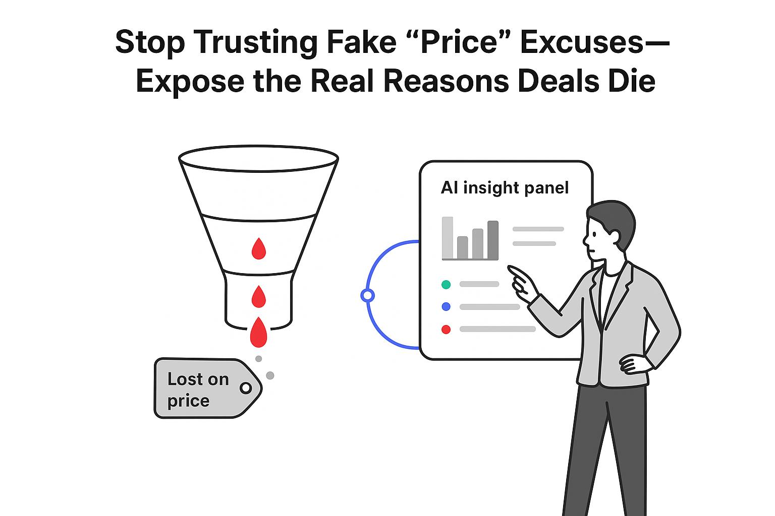 Minimalist B2B sales funnel leaking deals to AI insight panel with lost on price tag