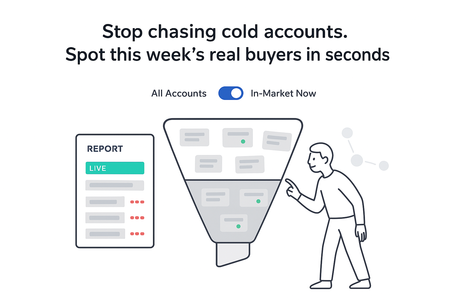 Minimalist funnel illustration highlighting in market buyers live accounts report panel person tapping toggle