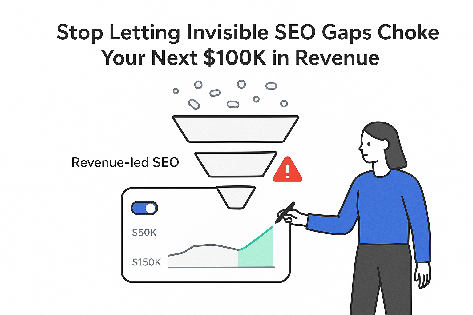 Minimalist illustration of marketing funnel with repaired SEO gap driving revenue upturn for B2B marketer