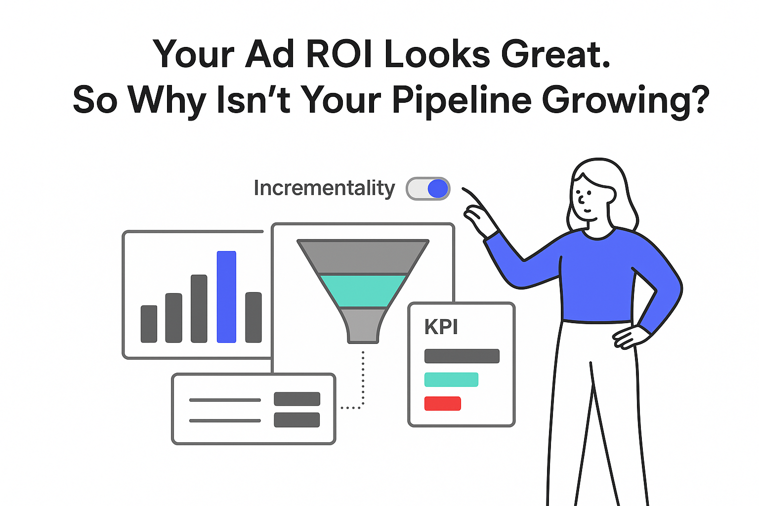 Minimalist tech illustration dashboard showing funnel bar chart KPI tiles incrementality toggle and analyst character