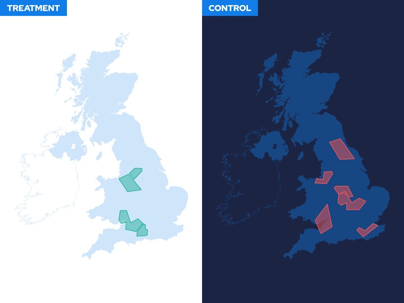 Map-style chart comparing a variable region versus control region