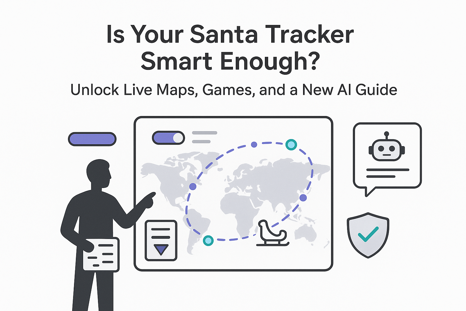 Minimalist tech illustration Santa tracker world map live maps AI guide analytics dashboard shield