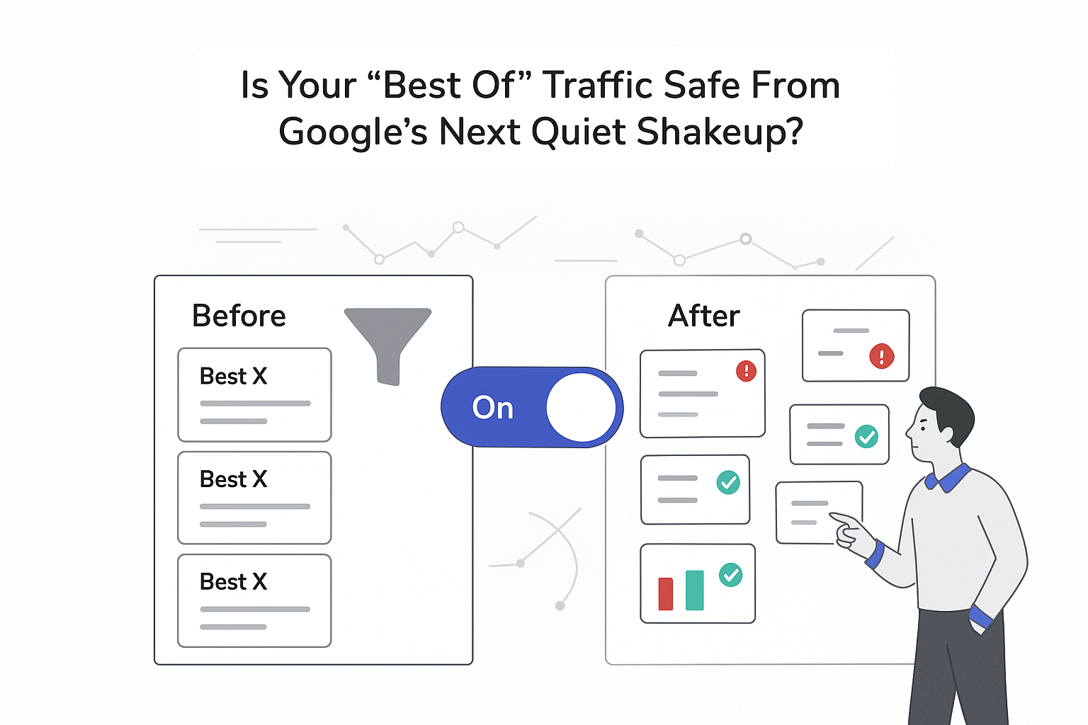 Minimalist tech illustration split search results dashboard toggle on algorithm shift traffic rerouted human pointing