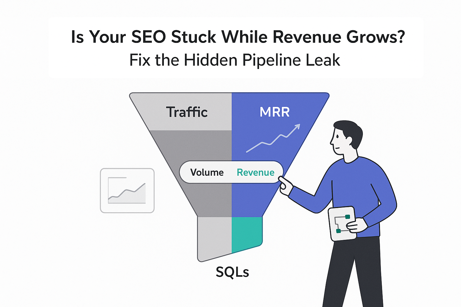 Minimalist SEO tech illustration of split funnel with character pushing toggle toward revenue