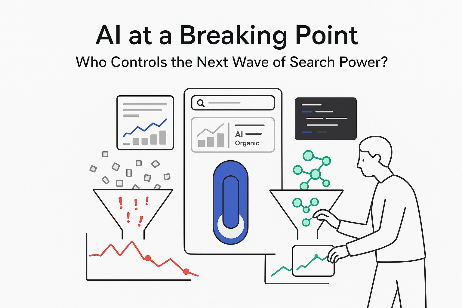 Minimalist AI control console with toggle funneling messy red data into clean green search signal
