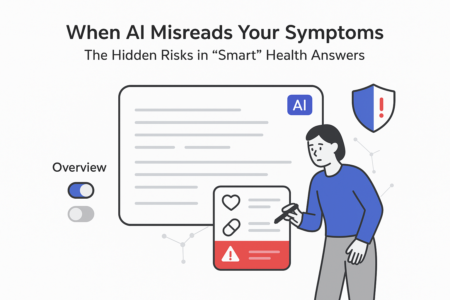 Minimalist illustration AI misreads symptoms person pointing at red warning on health report safety risk