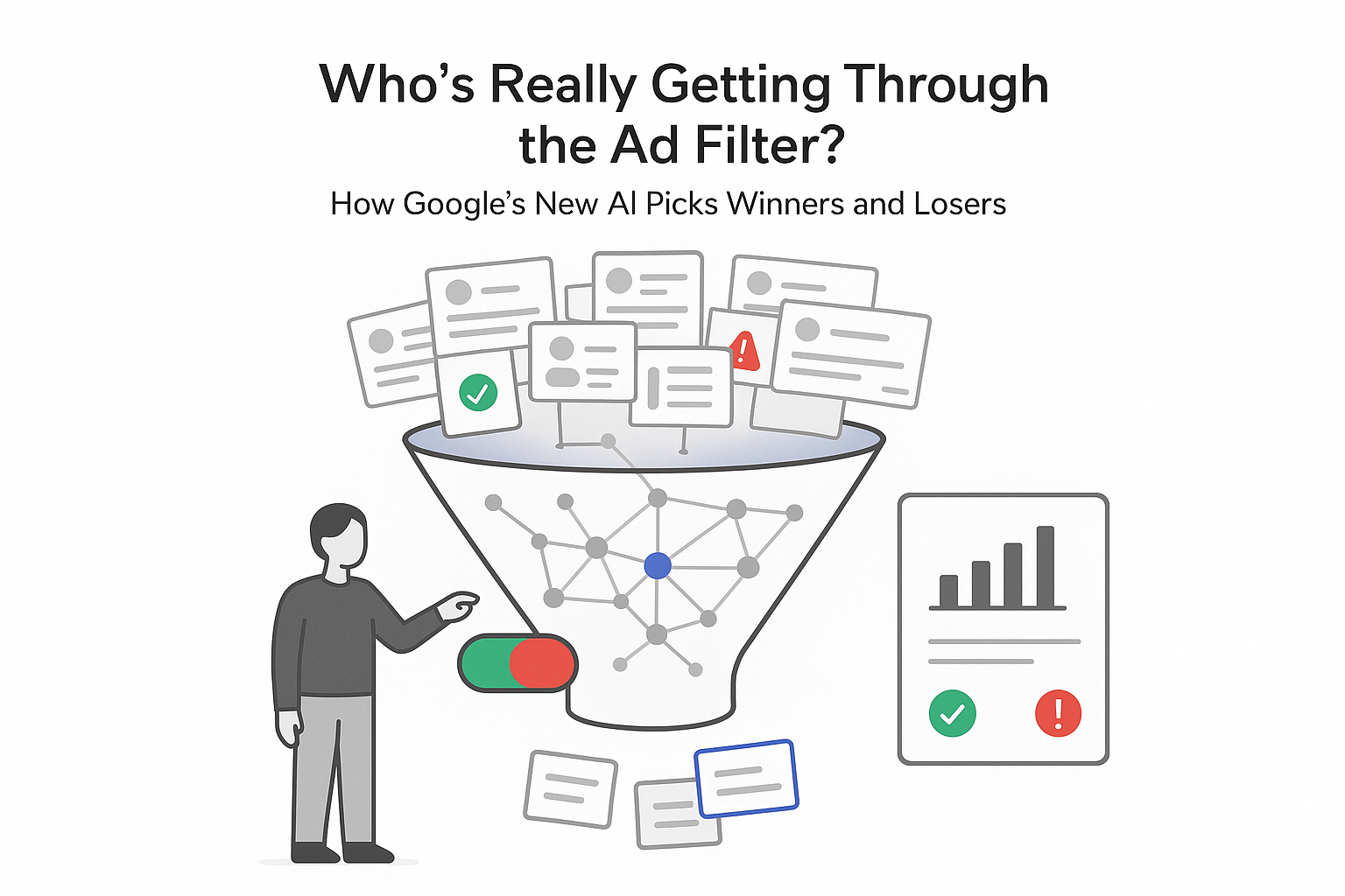 Minimalist Google AI ad filter funnel with ad cards decision nodes toggle and analytics panel