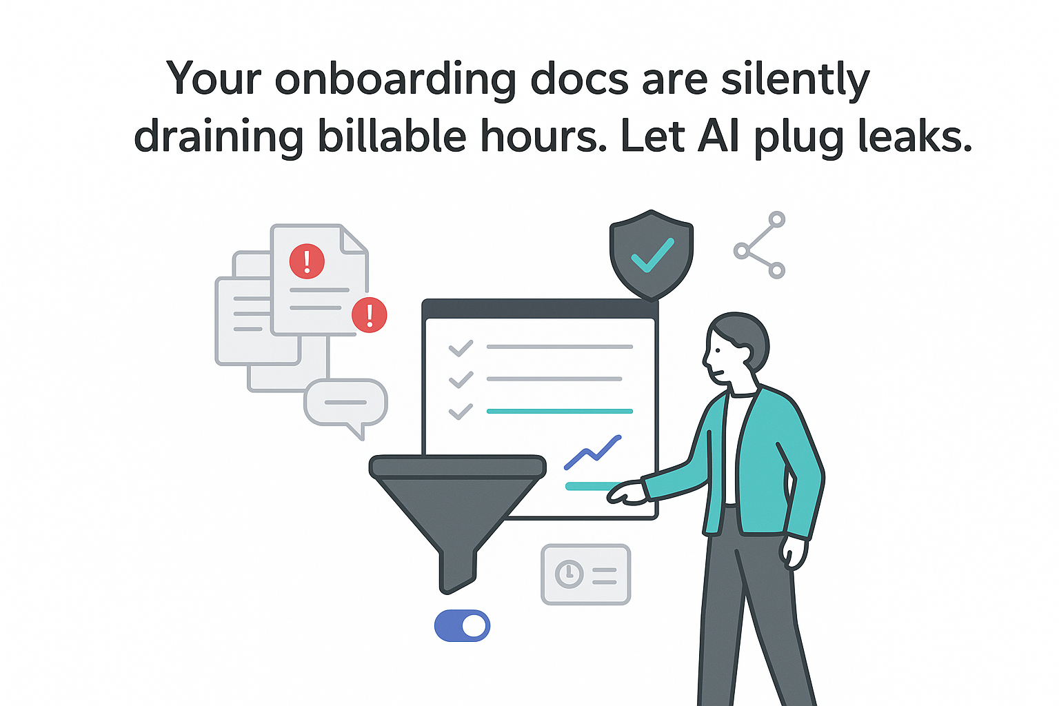 Minimalist AI onboarding funnel with alert documents feeding dashboard shield protected professional tapping toggle
